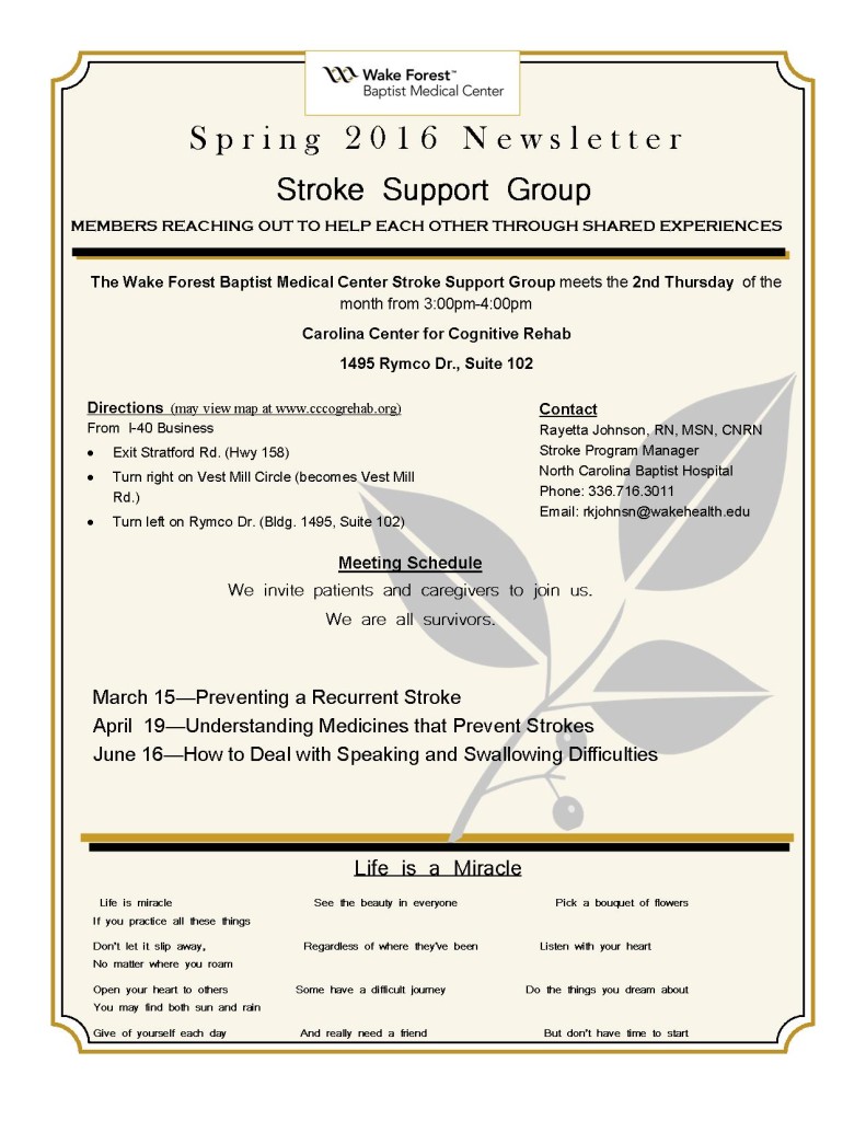 Stroke Support Group Flyer Fall 2015